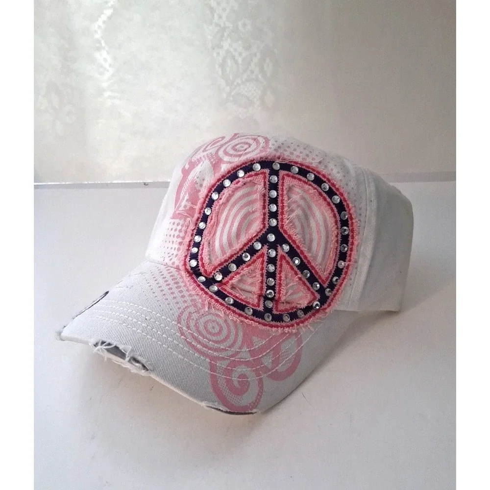 Leader Peace Sign Cadet Cap Distressed Crystal Studded Women's Adjustable White